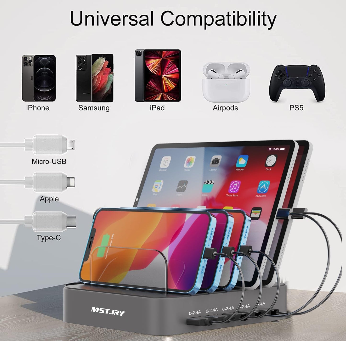 Charging Station for Multiple Devices, 5 Port Multi USB-A Charger Station with Power Switch Designed for Iphone Ipad Cell Phone Tablets (Gray, 7 Mixed Short Cables Included)